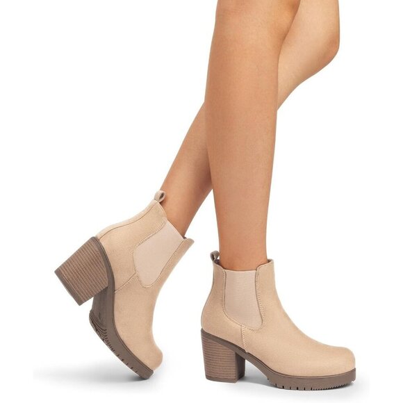 DREAM PAIRS Women's High Chunky Heel Nude-suede Ankle Boots - Picture 5 of 5